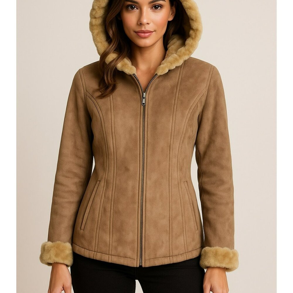Women's Vintage Braetan Tan Faux Suede & Faux Fur Trim Hooded Jacket Size Small